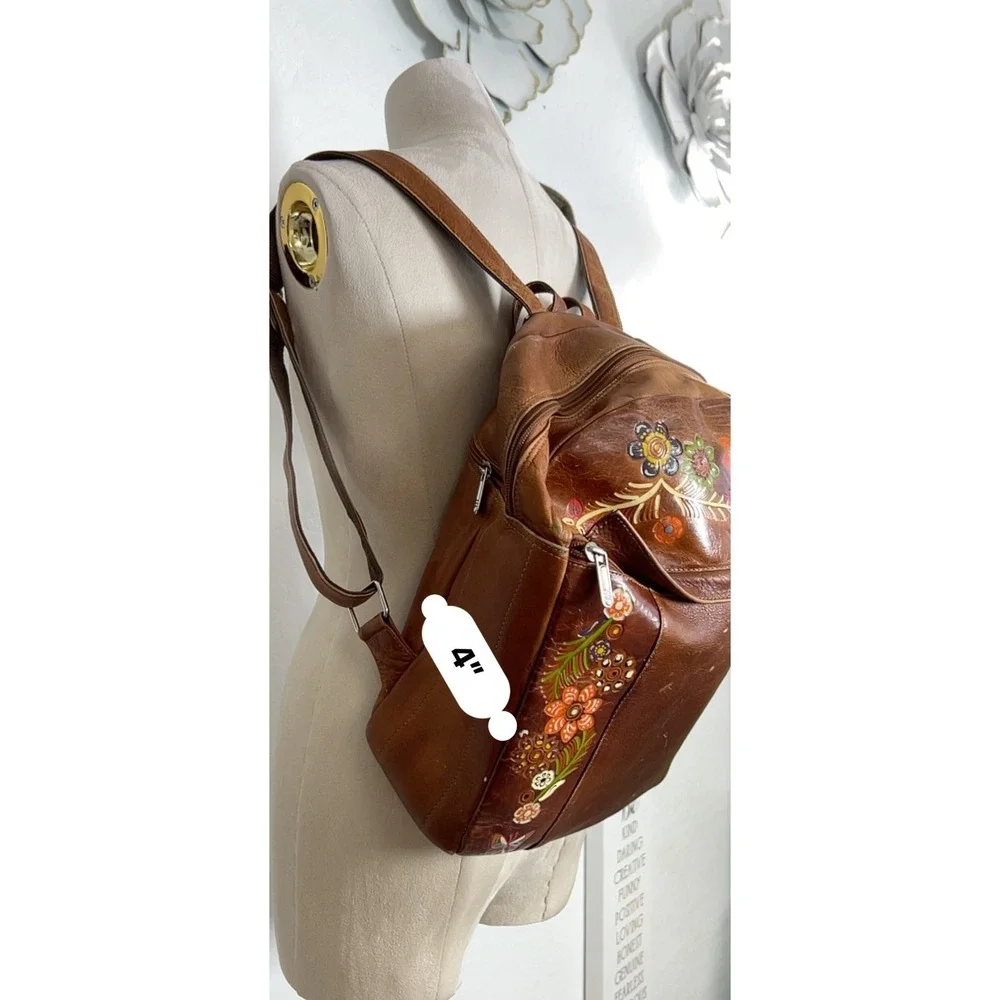 VTG Tooled Leather Backpack Hand Paint Floral Boho western Festival Travel Bag